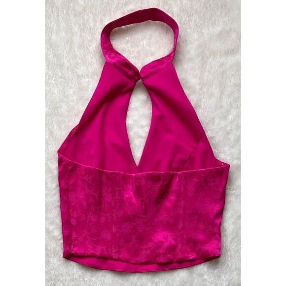 NWT Zara Satin Effect Floral Jacquard Keyhole Halter Top in Fuchsia - Picture 11 of 16